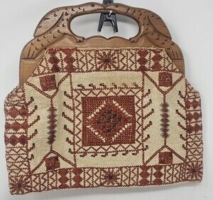 Vintage Palestinian Hand Embroidered Handbag Carved Wooden Handle Made In Greece